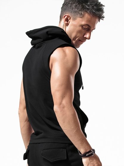 Slouchy off the shoulder Sweatshirt Custom Sleeveless Hooded White and Black Tank tops - Image 3
