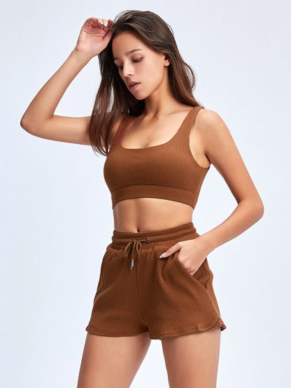 Sports bra and shorts set wholesale u-neck pit strip suits - Image 2