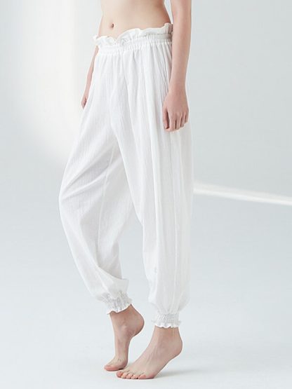 White cotton yoga pants custom baggy linen ruffle yoga pants