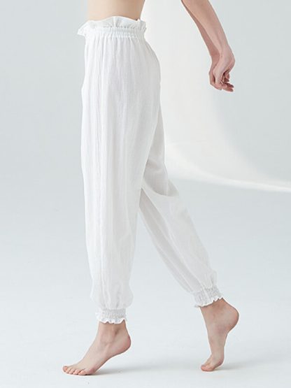 White cotton yoga pants custom baggy linen ruffle yoga pants - Image 2