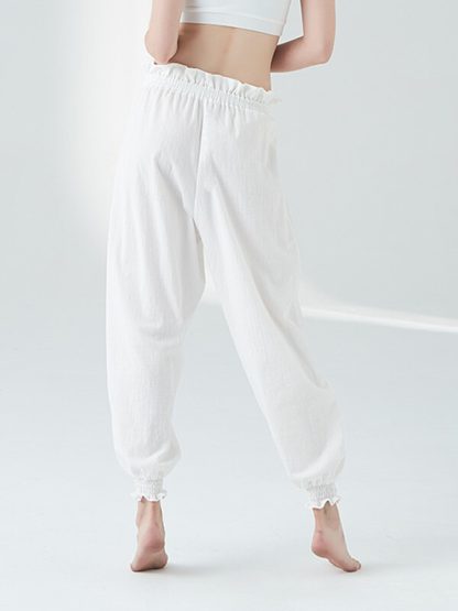 White cotton yoga pants custom baggy linen ruffle yoga pants - Image 3