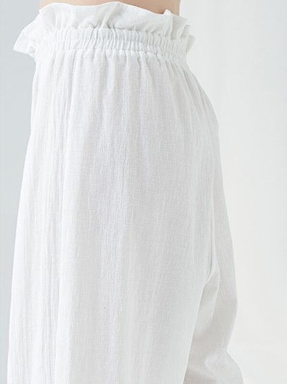 White cotton yoga pants custom baggy linen ruffle yoga pants - Image 4