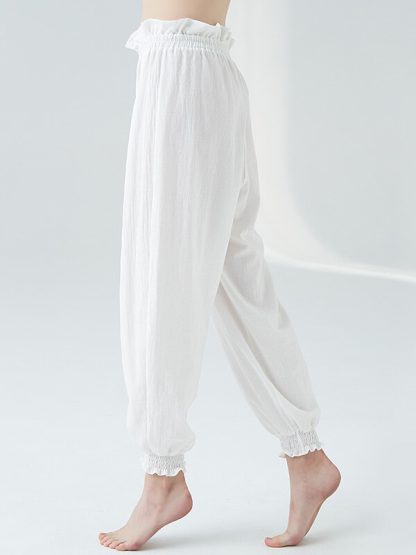 White cotton yoga pants custom baggy linen ruffle yoga pants - Image 5