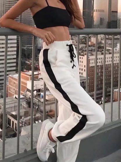 Custom striped track pants baggy drawstring white jogger pants women - Image 2