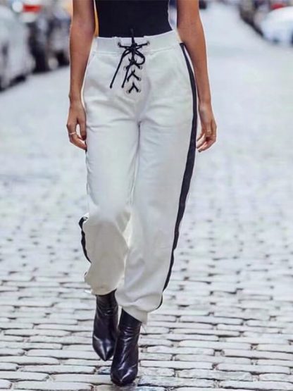 Custom striped track pants baggy drawstring white jogger pants women - Image 5