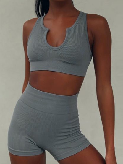 Custom gym clothing china seamless two piece biker short set