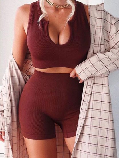 Custom gym clothing china seamless two piece biker short set - Image 4